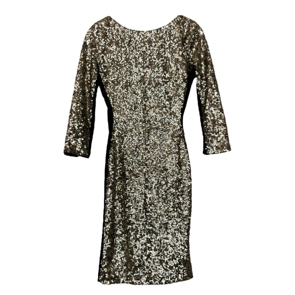 New Andrew Marc $268 Metallic Sequined Bodycon Cocktail Dress Black Gold Size 0
